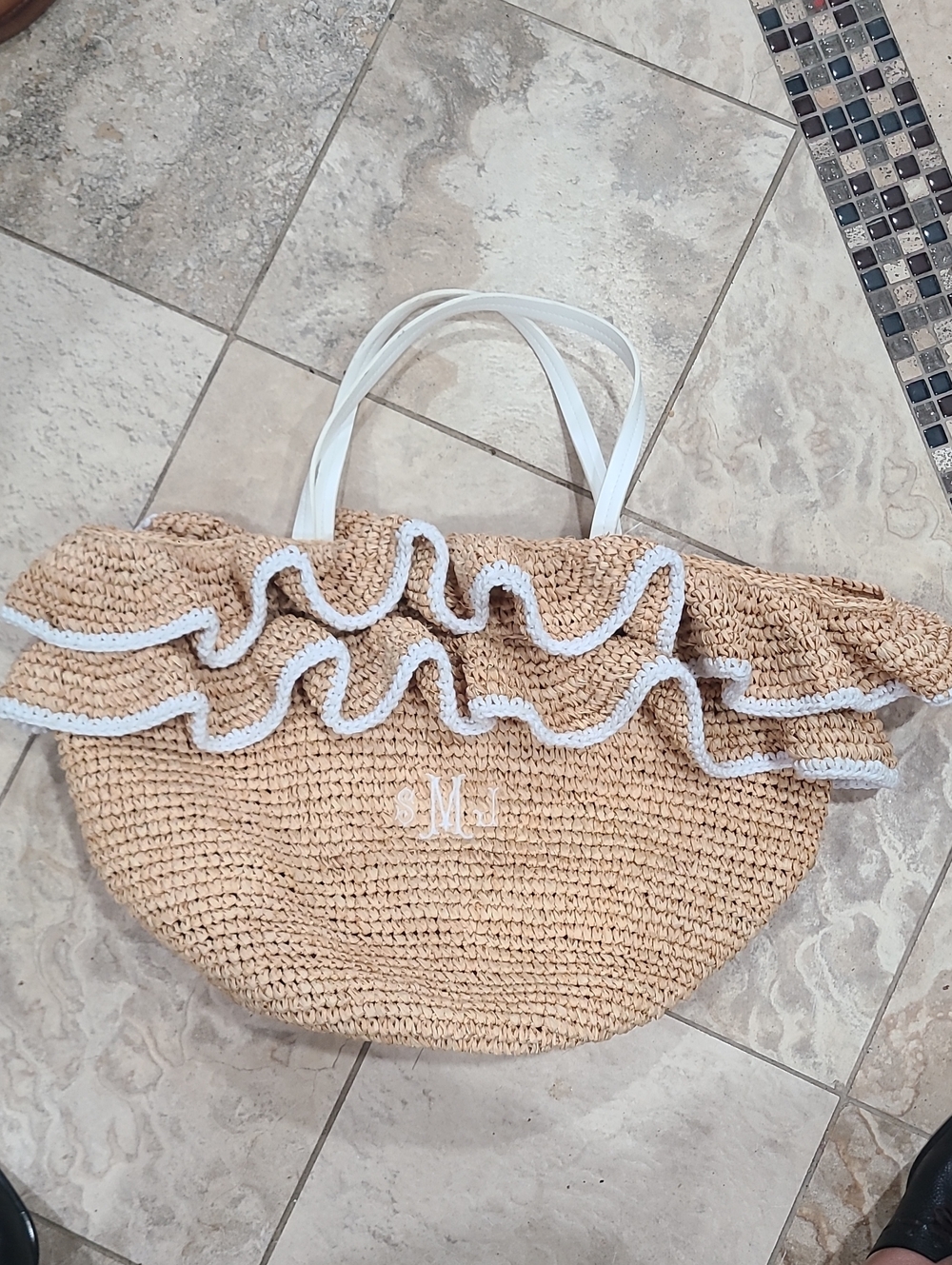 Mark & Graham Natural Straw Tote with White Ruffle Trim